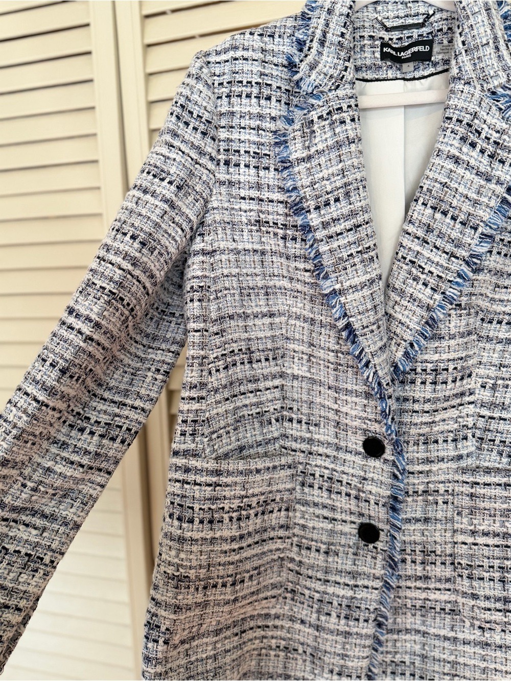 Karl Lagerfeld Paris Blue Tweed Fringe Blazer Jacket Size 4 - Picture 9 of 11